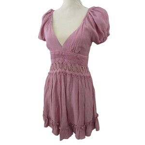 Lulus Better With You Mauve Purple Lace Puff Sleeve Mini Dress V-Neck Crochet S